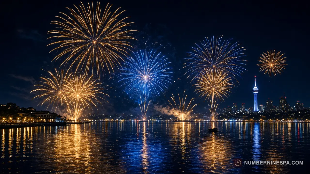 2026 澳門煙花匯演意象圖 — 金色與藍色煙花在夜空綻放，海面倒映城市燈火，遠處可見觀光塔輪廓