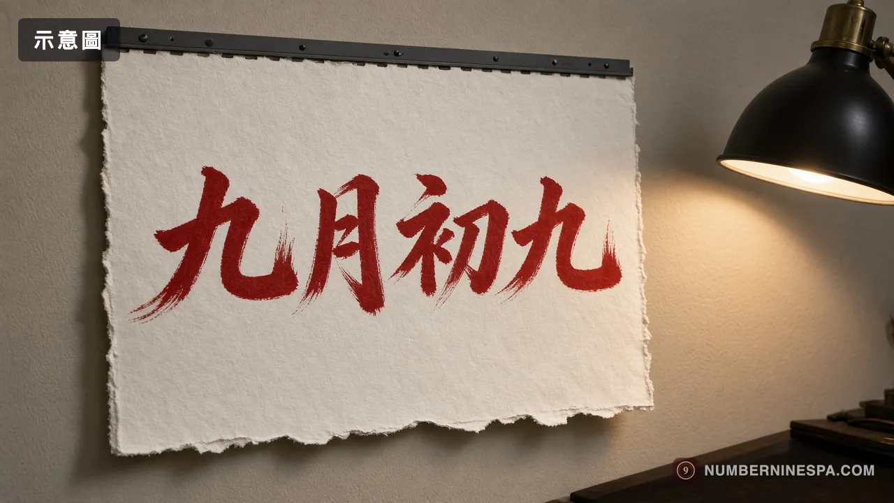 澳門桑拿 玖號水療 重陽示意圖：一張撕頁式紙本月曆掛在牆上，當頁以紅色毛筆字寫著九月初九，右側一盞暖色的桌燈（示意圖）