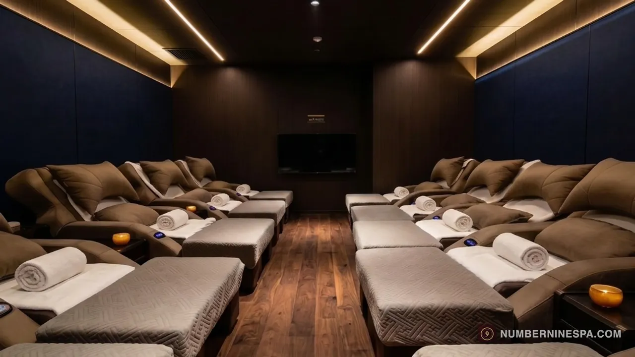 玖號水療大堂休息區 — 成排躺椅床配木地板與暖色燈光